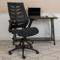 Flash Furniture BL-ZP-809D-BK-GG High Back Black Mesh Spine-Back Ergonomic Drafting Chair with Adjustable Foot Ring and Adjustable Flip-Up Arms